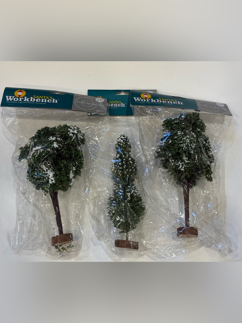 Santa’s Workbench Snowy Spread Trees Lot of 3 Christmas Village Accessories 2003
